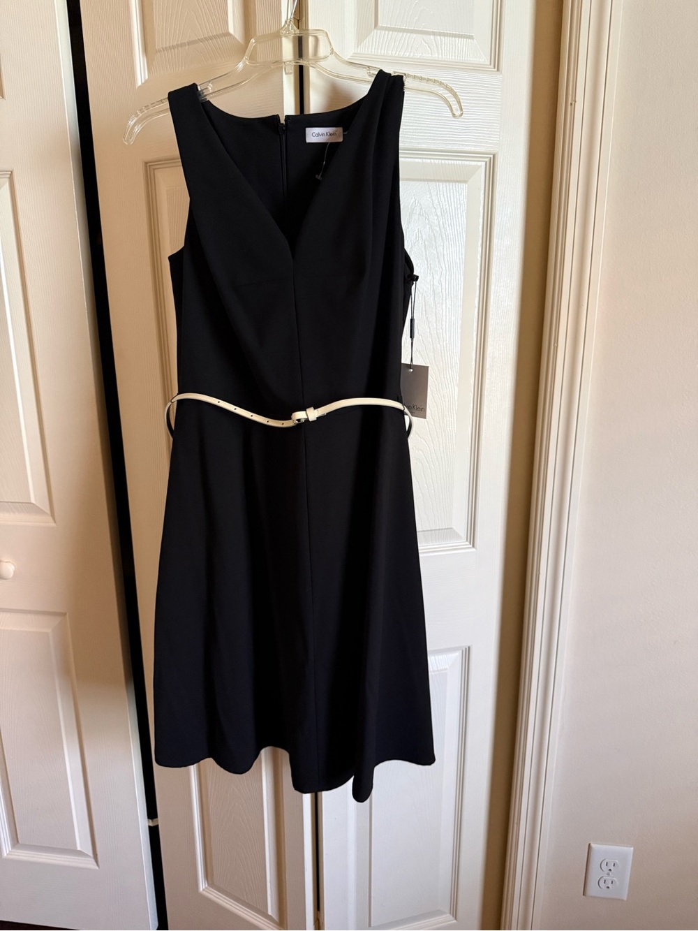 NWT Calvin Klein Black Sleeveless V-Neck Dress with beige Belt